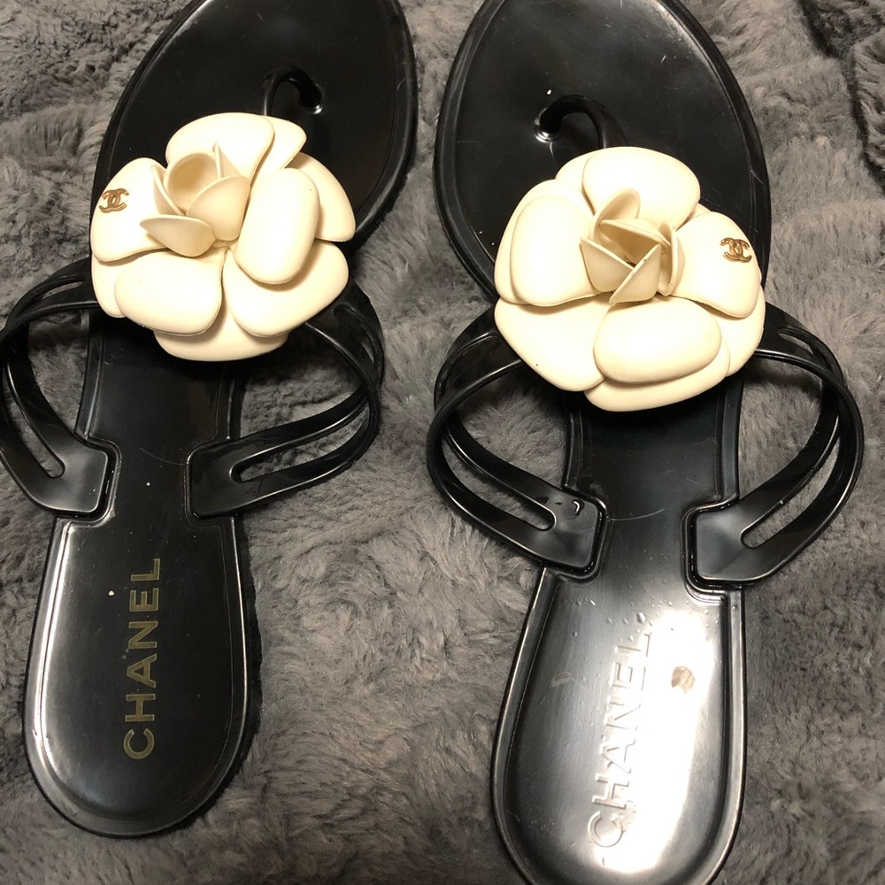 Chanel Black Camellia Slide Sandals